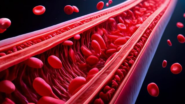 blood vessel, showcasing the detailed internal structure of arteries with blood cells flowing through them. movement of red blood cells, visual aid for educational and medical publications