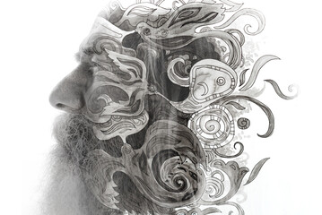 An abstract pattern blends with the profile of an old man in a paintography