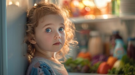 Fototapeta premium A little girl with curly hair standing in front of a refrigerator, AI