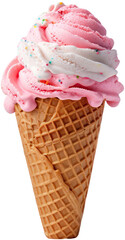 Pink and white ice cream in a cone.