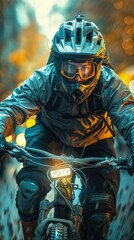 Fototapeta premium Bike messenger racing through city, urgent delivery, fast-paced.