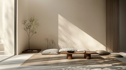 A minimalist sitting area with floor cushions and low table, modern relaxation