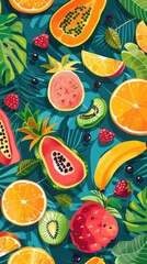 Island fruits flat design top view tropical feast theme water color Vivid