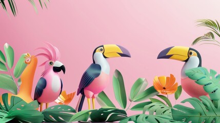 Obraz premium Jungle birds flat design side view wildlife theme 3D render Colored pastel