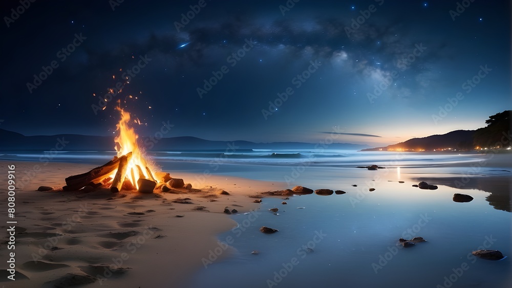 Wall mural a peaceful beach at night, with a bonfire crackling on the shore and the sound of waves lulling you 