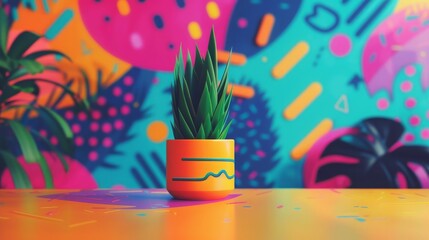 A beautifuly potted plant sits on a table against a colorful backdrop.