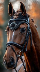 Elegant equestrian helmet, black leather, close-up with horse in soft focus background .
