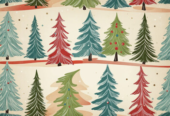 Obraz premium Generative AI creates a nostalgic vintage illustration of assorted colored Christmas trees in a winter forest landscape 