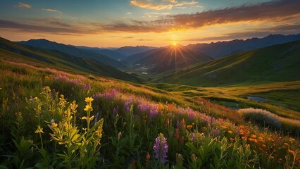 Sunset in the alpine meadow with lupine flowers