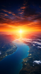 Golden sunlight washes over landmasses adjacent to the deep blue sea. Dreamy bird eye view landscape