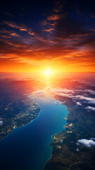 Obraz premium Golden sunlight washes over landmasses adjacent to the deep blue sea. Dreamy bird eye view landscape