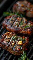 Grilled lamb chops, rosemary and garlic marinade, char marks visible.