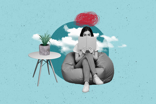 Composite trend artwork image collage of blue sky black white young lady sit beanbag hold hand book doodle mind think psychology session