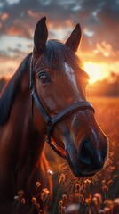Obraz premium Horse grooming at sunset, detail on the shiny coat and mane, peaceful stable environment.