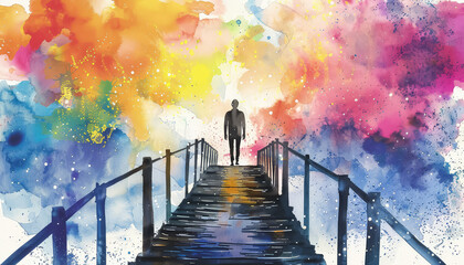 A man is walking across a bridge with a colorful sky in the background