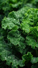 Lush green kale leaves, droplets of water sparkling.