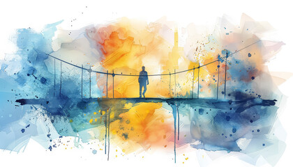 A man is walking across a bridge
