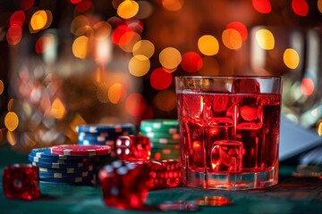 Gambling chips, glass of whiskey and red dice on green table in casino with bokeh background