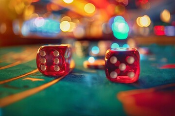 Casino gambling table with two red dice and chips with blurred bokeh background