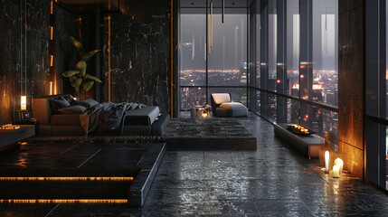 A penthouse bedroom with a minimalist aesthetic, where the focus is on the textures of dark, luxurious materials against the backdrop of a night-lit city. Clean lines, understated elegance