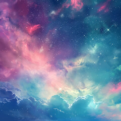 A colorful sky with clouds and stars