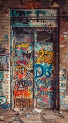 Fototapeta premium Opera house backstage doors covered in vibrant graffiti â€“ Operatic art.