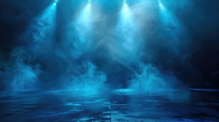 A dark empty street, dark blue background, an empty dark scene, neon light, spotlights The asphalt floor and studio room with smoke float up the interior texture. night view, generative ai