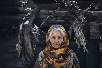 Obraz premium Old lady in a scarf on her head standing outside in a winter