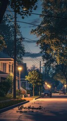 Naklejka premium Suburban street with uniform porch lights, peaceful evening â€“ Suburban glow.