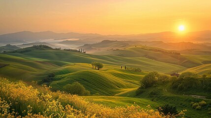 A panoramic view of the sun rising over rolling hills, rural tranquility at dawn