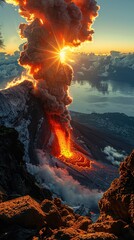 Sunrise casting golden hues over a smoking volcano, a tranquil yet potent force.