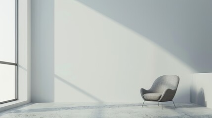 Interior of modern living room with white walls, concrete floor, gray armchair and window with sunlight.