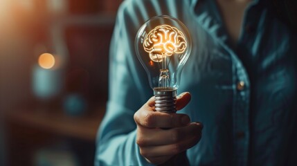 Businesswoman holding Light bulbs with Brain inside. Creative and innovation inspiration. Business Bright idea concept, generative ai