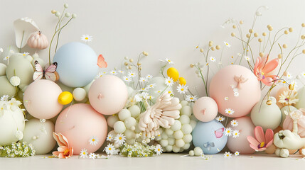 A playful yet elegant spring balloon wall, featuring balloons in shapes of flowers and butterflies in soft pastels, intertwined with real blooms like daisies and buttercups, 