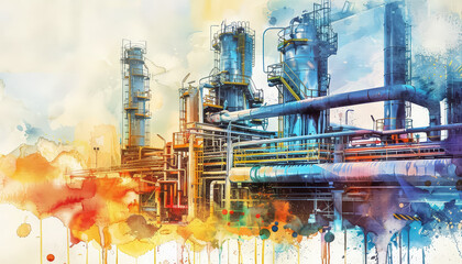A colorful industrial scene with a lot of pipes and tanks