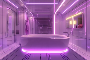 Futuristic bathroom with a large bathtub, neon lighting, and glass walls. The bathroom is made of white and purple marble.
