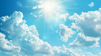 sun shines in blue sky with realistic clouds background. generative ai