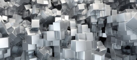 Abstract 3D Silver Cubes Floating Chaotically