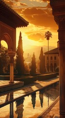Naklejka premium Visiting the historic Alhambra at sunset, Moorish architecture, orange hues, romantic atmosphere.