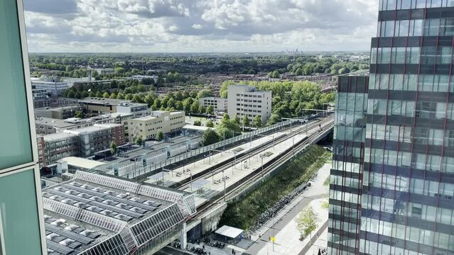 Ariel view of Almere centrum station, pan up