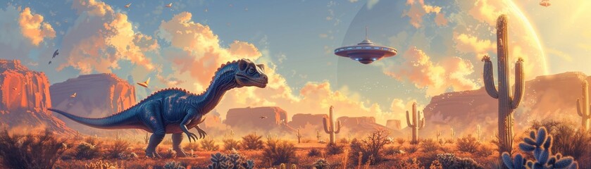 The illustration shows a blue dinosaur walking in the desert. In the sky, a spaceship is flying.