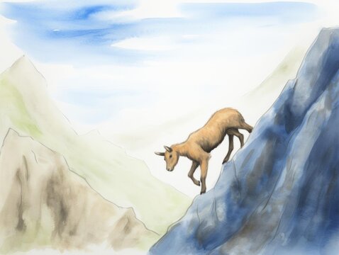 A dynamic shot of a goat climbing nimbly on a steep mountain, showcasing agility and adventure, great for active and adventurous stock images