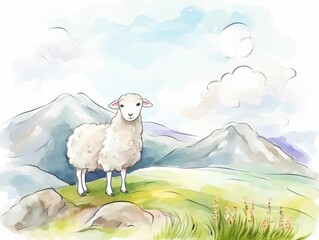 A majestic scene of a sheep standing proudly on a hill, overlooking a stunning landscape, with ample space for copy text, perfect for stock images