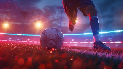 Dynamic soccer player kicking ball on illuminated stadium field