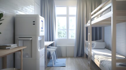 Modern Water Dispenser in Bright and Spacious School Dormitory with Bunk Beds and Natural Lighting