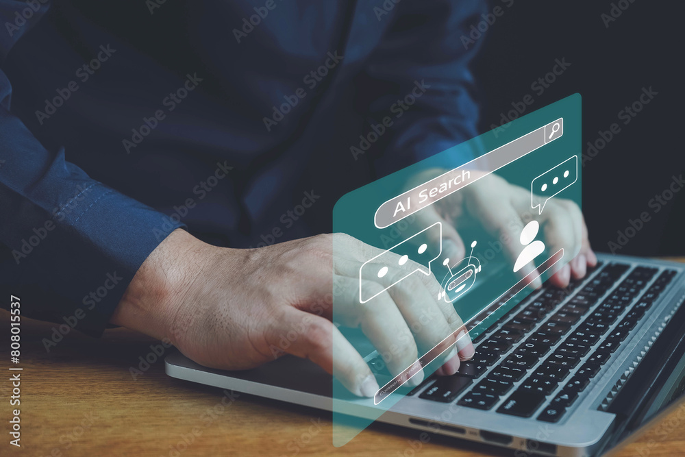 Poster chatbot chat with ai, ai tech, ai tech concept, businessman with ai search engine bar for data searc