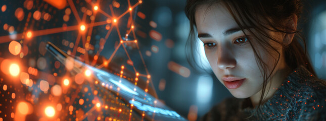 Robotic Network Visualization: A Businesswoman Examining a Phone Displaying Network Data with Soft-Focused Realism, Dark Gray, and Light Bronze Tones.