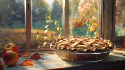 Homemade apple pie on a rustic table by the window with autumn leaves outside