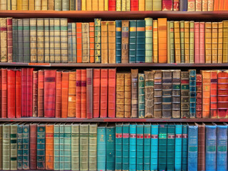 Obraz premium A large library with books of all colors on wooden shelves.