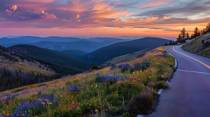 sunset over the mountains, Beautiful road between the mountains, with beautiful flowers along the...